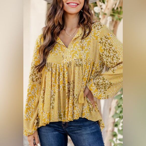 Pink Lily Boho Floral Patchwork Tassel Tie Babydoll Blouse Gold Yellow Medium - Picture 1 of 8